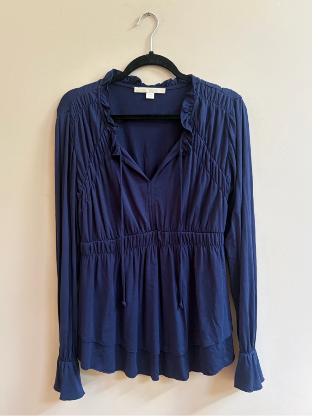Boston Proper Navy Blue Poet Long Flutter Sleeve V-Neck Flowy Casual Blouse Top